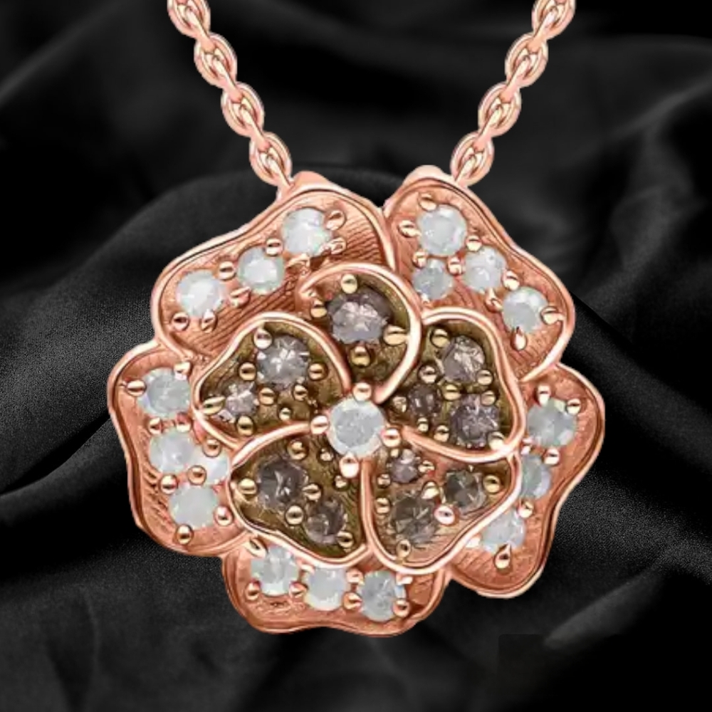 NWT NATURAL CHAMPAGNE & WHITE DIAMOND NECKLACE IN 14K ROSE GOLD STERLING SILVER